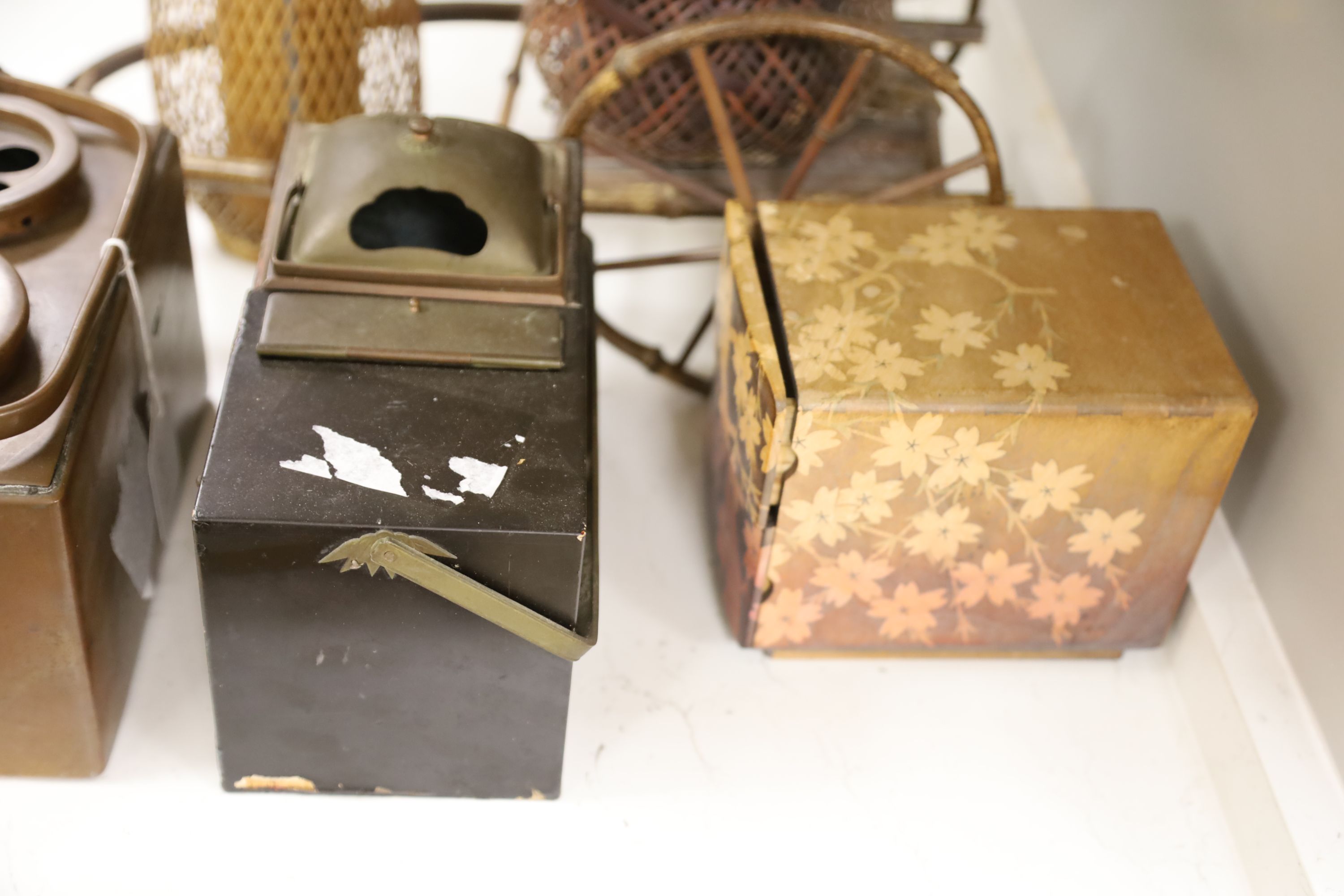 A group of Japanese lacquer wares, a portable smoking set and three basket weave ikebana (11)